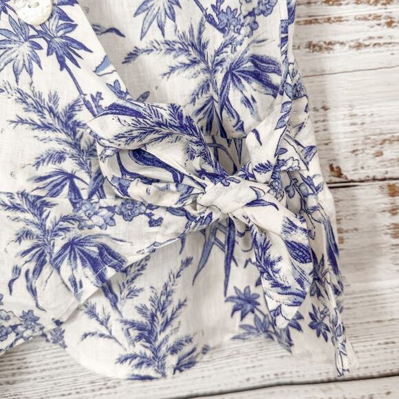 H&M Blue and White Floral Linen Wrapover Blouse, EUC, Size Small - Picture 9 of 13